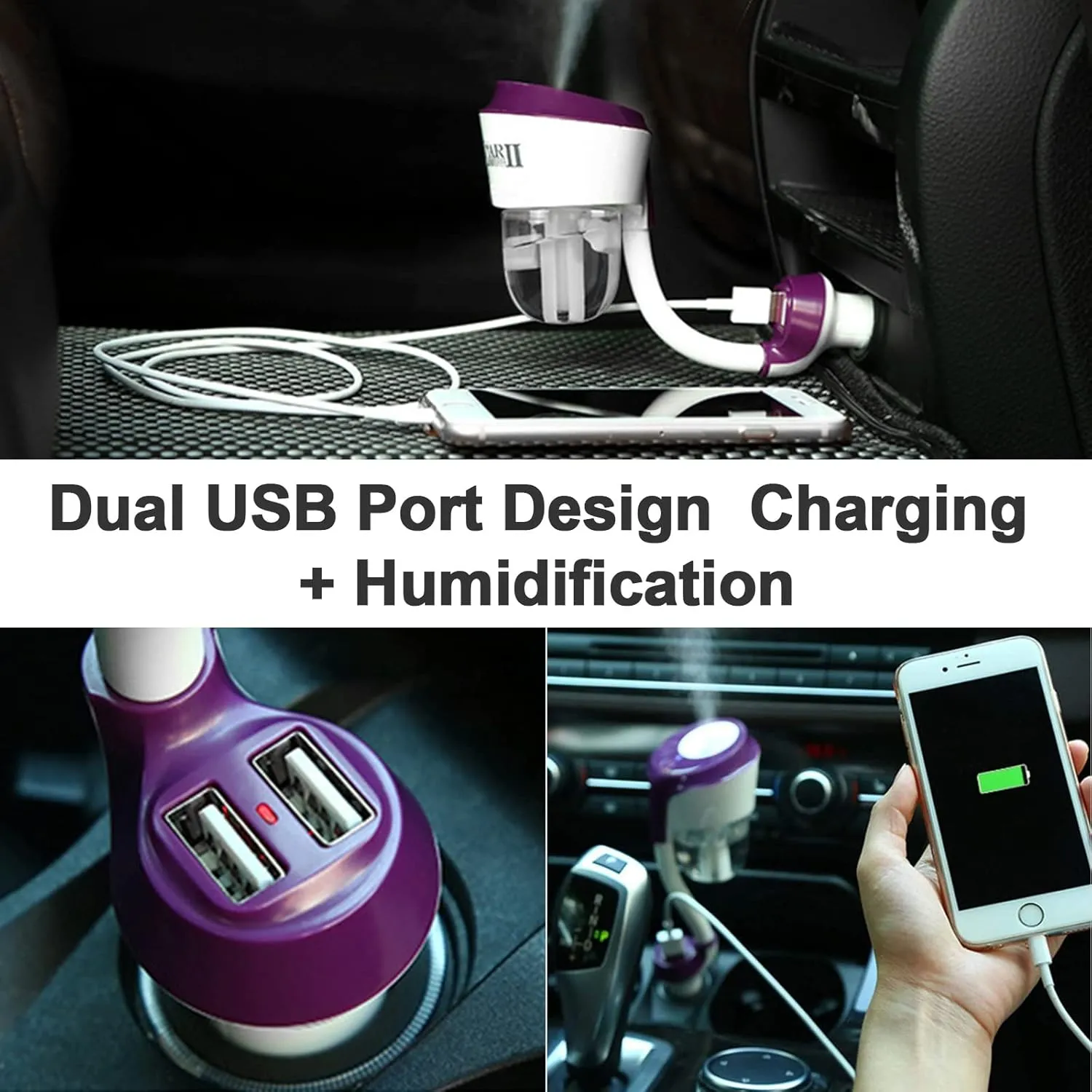 MIGHTYDUTY Mini Car Diffuser Humidifier for Essential Oils, Dual USB Charger Adapter, Purple