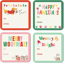 Mobiusea Creation Tags | Cute Pet Design | 2 Inch | 60 Pcs Christmas Labels | Merry Woofmas, Happy Pawlidays, Falalalala, Meowy and Bright Animal Pet Gift Tags for Dogs and Cats