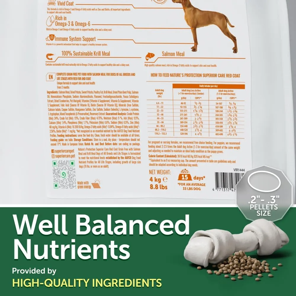 Nature's Protection Superior Care Grain-Free Dry Dog Food - High Protein, Coat Shine Dog Food for All Breeds Red Coated All Life Stages Dogs, Fresh Pet Meal, Salmon, 22 lb