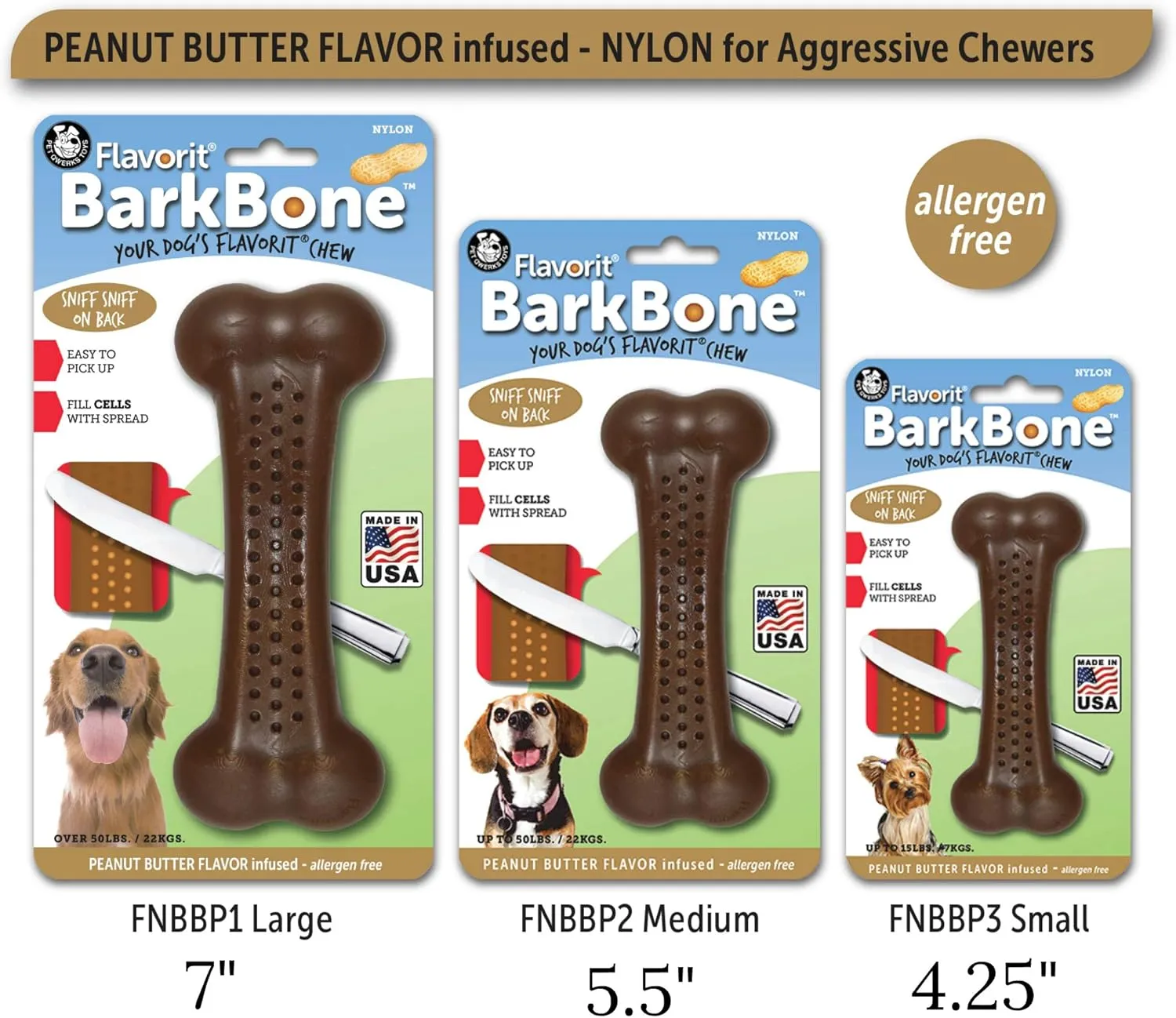 Pet Qwerks Barkbone Flavorit Peanut Butter Flavor Bone - Fillable Surface for Spreads; Tough Durable Toys for Aggressive Power Chewers | Made in USA - Medium & Small Dogs