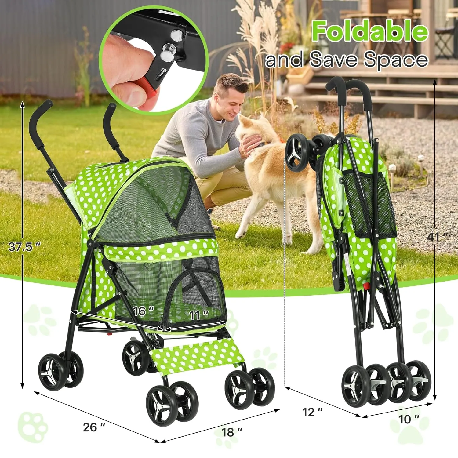 Pet Stroller for Small Dogs & Cats - 10-22lbs, Rear Storage, Lawn Green Polka Dots