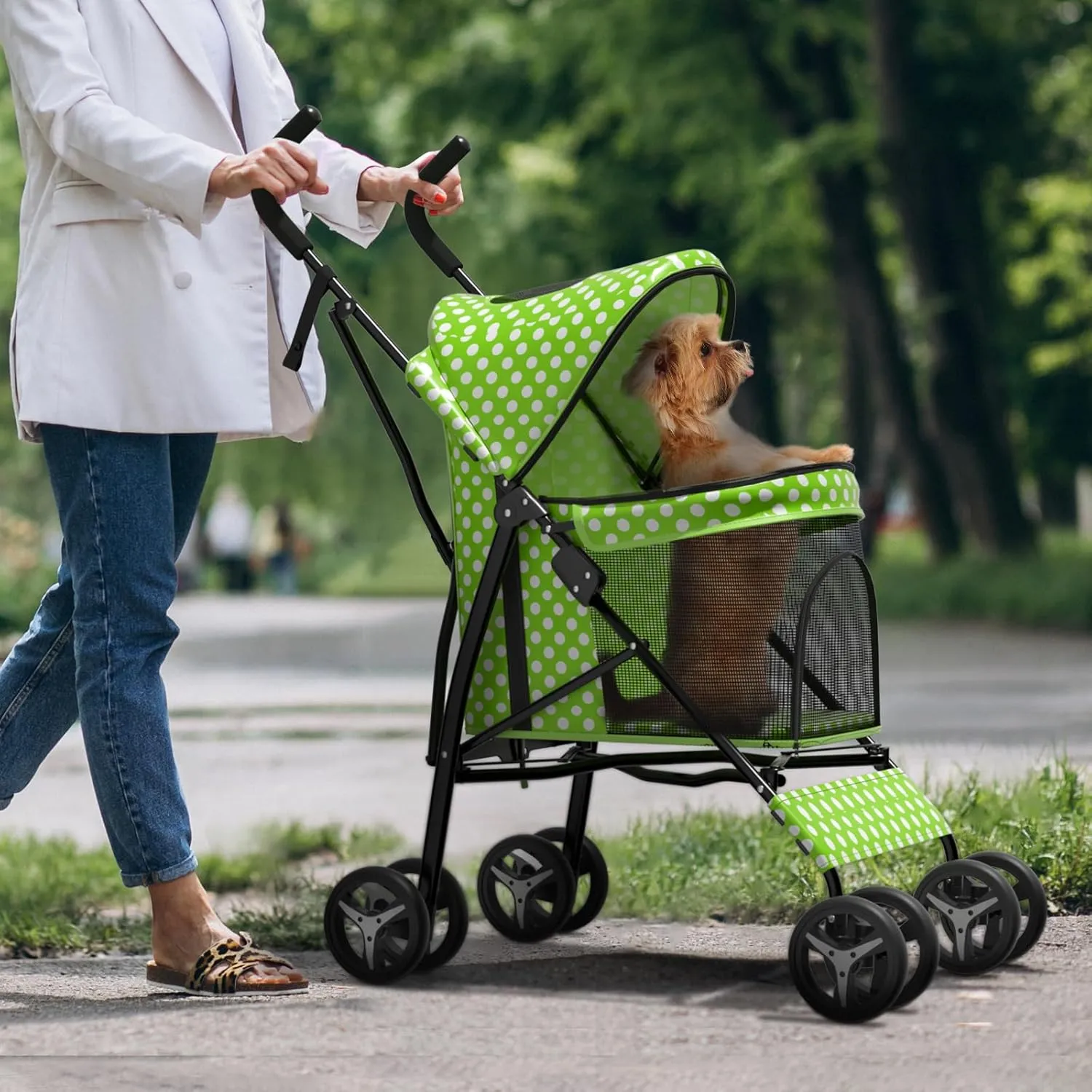 Pet Stroller for Small Dogs & Cats - 10-22lbs, Rear Storage, Lawn Green Polka Dots