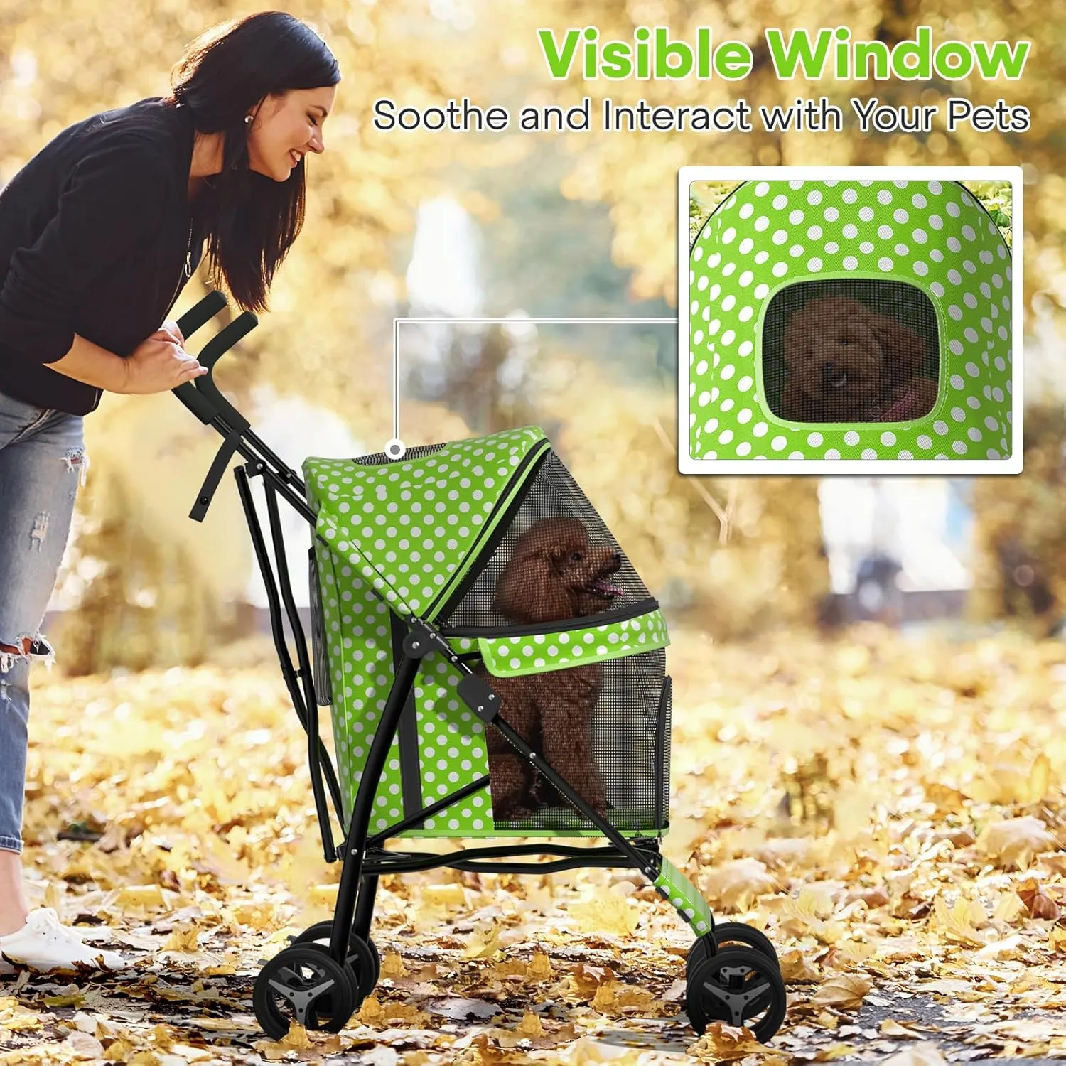 Pet Stroller for Small Dogs & Cats - 10-22lbs, Rear Storage, Lawn Green Polka Dots