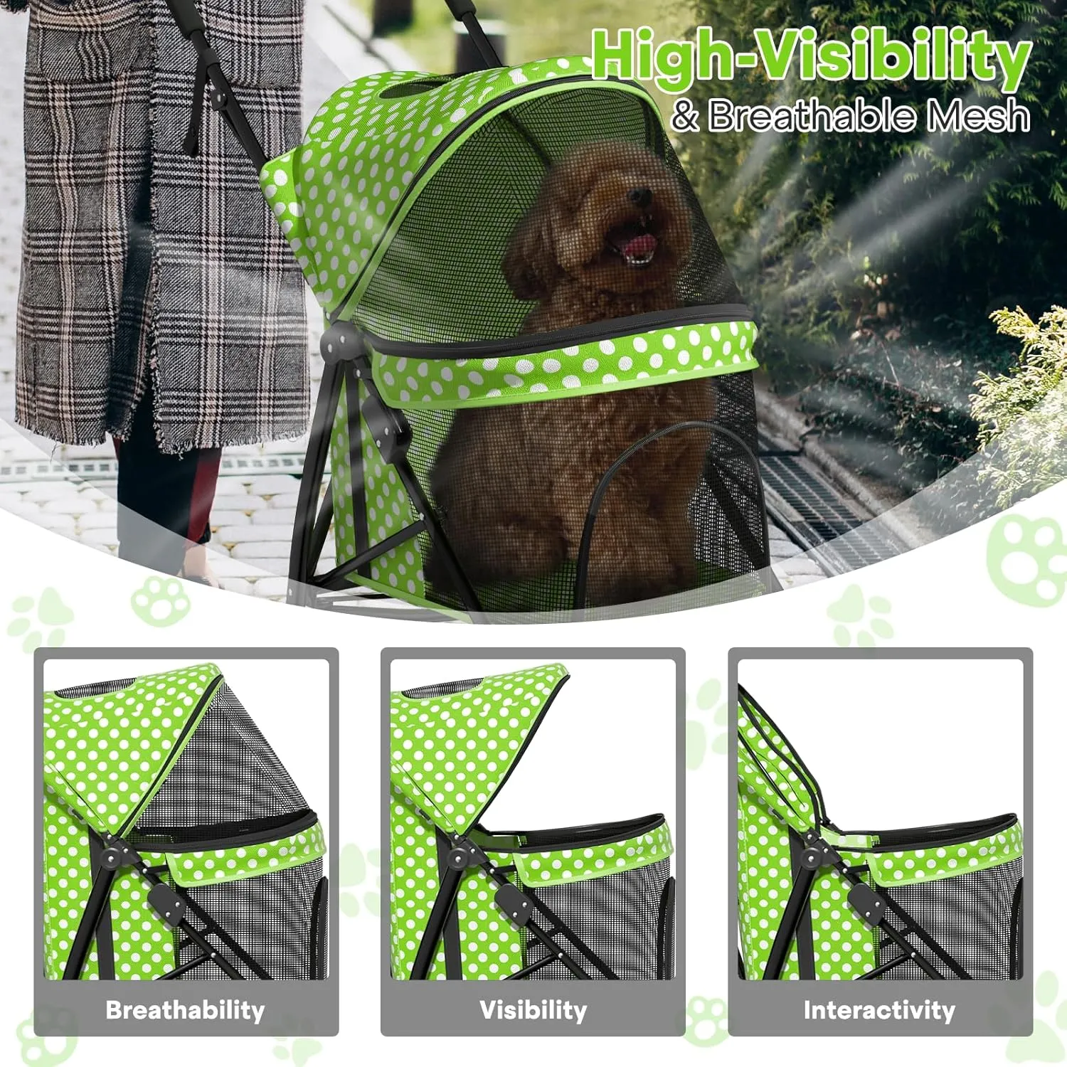Pet Stroller for Small Dogs & Cats - 10-22lbs, Rear Storage, Lawn Green Polka Dots