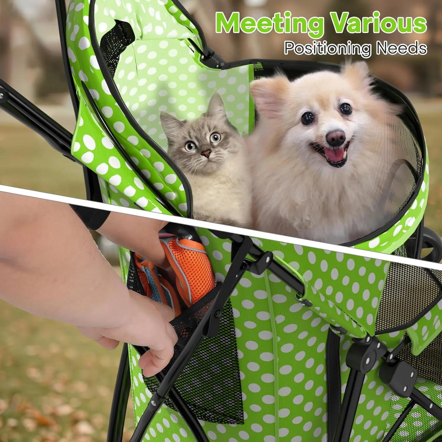 Pet Stroller for Small Dogs & Cats - 10-22lbs, Rear Storage, Lawn Green Polka Dots