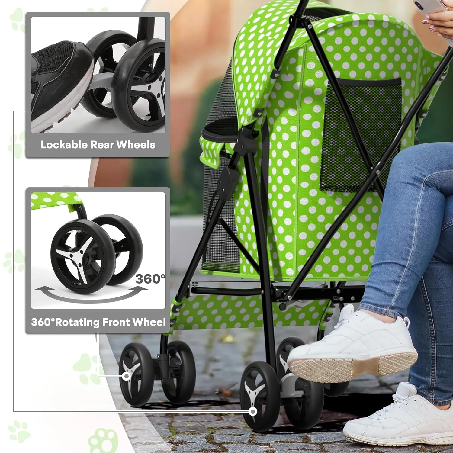 Pet Stroller for Small Dogs & Cats - 10-22lbs, Rear Storage, Lawn Green Polka Dots
