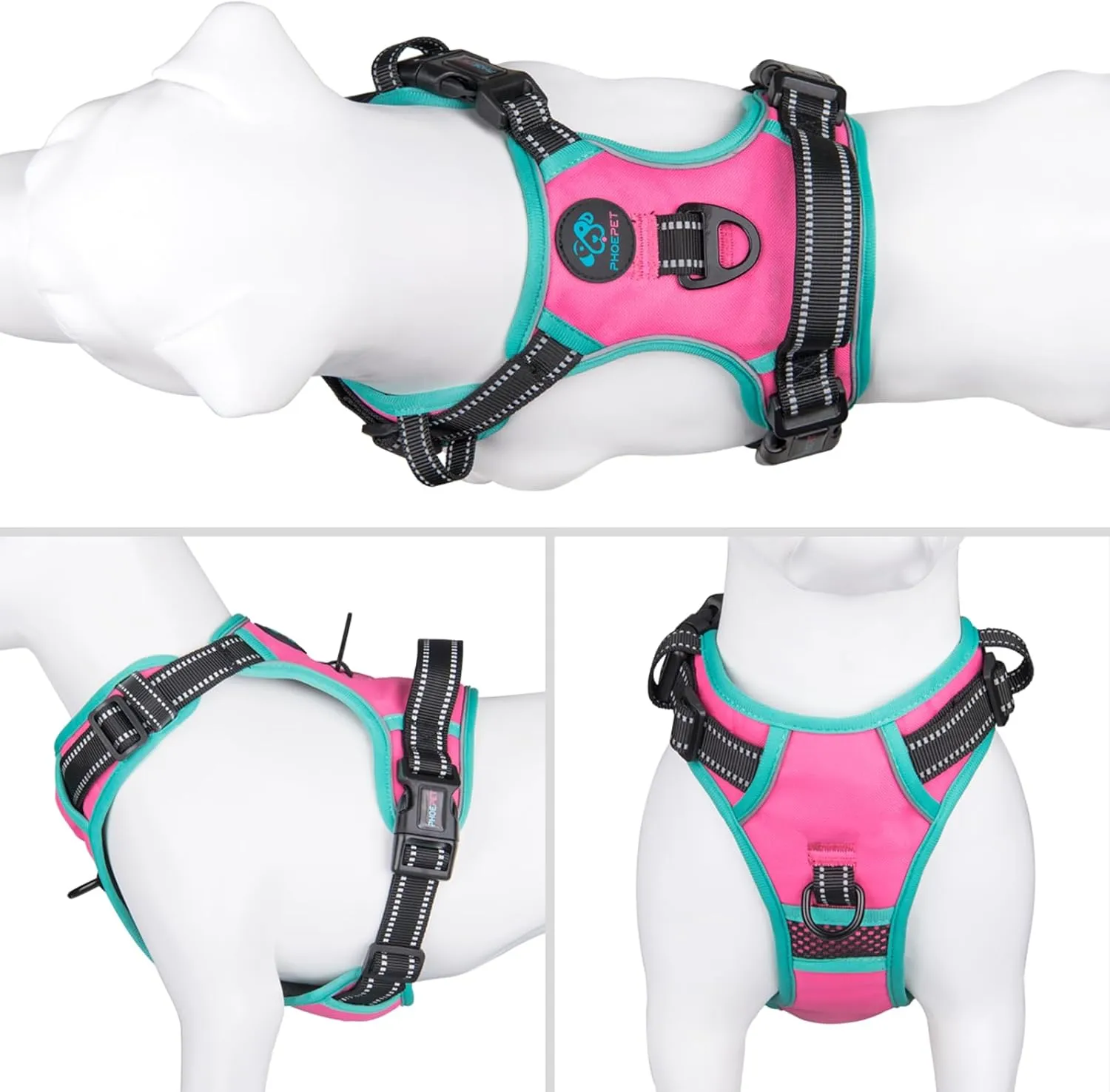 PHOEPET 2019 Upgraded No Pull Dog Harness, Reflective Adjustable Vest, with a Training Handle   2 Metal Leash Hooks  3 Snap Buckles  4 Slide Buckles(L, Pink)