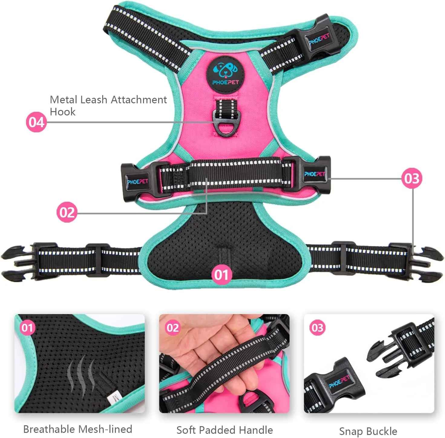 PHOEPET 2019 Upgraded No Pull Dog Harness, Reflective Adjustable Vest, with a Training Handle   2 Metal Leash Hooks  3 Snap Buckles  4 Slide Buckles(L, Pink)
