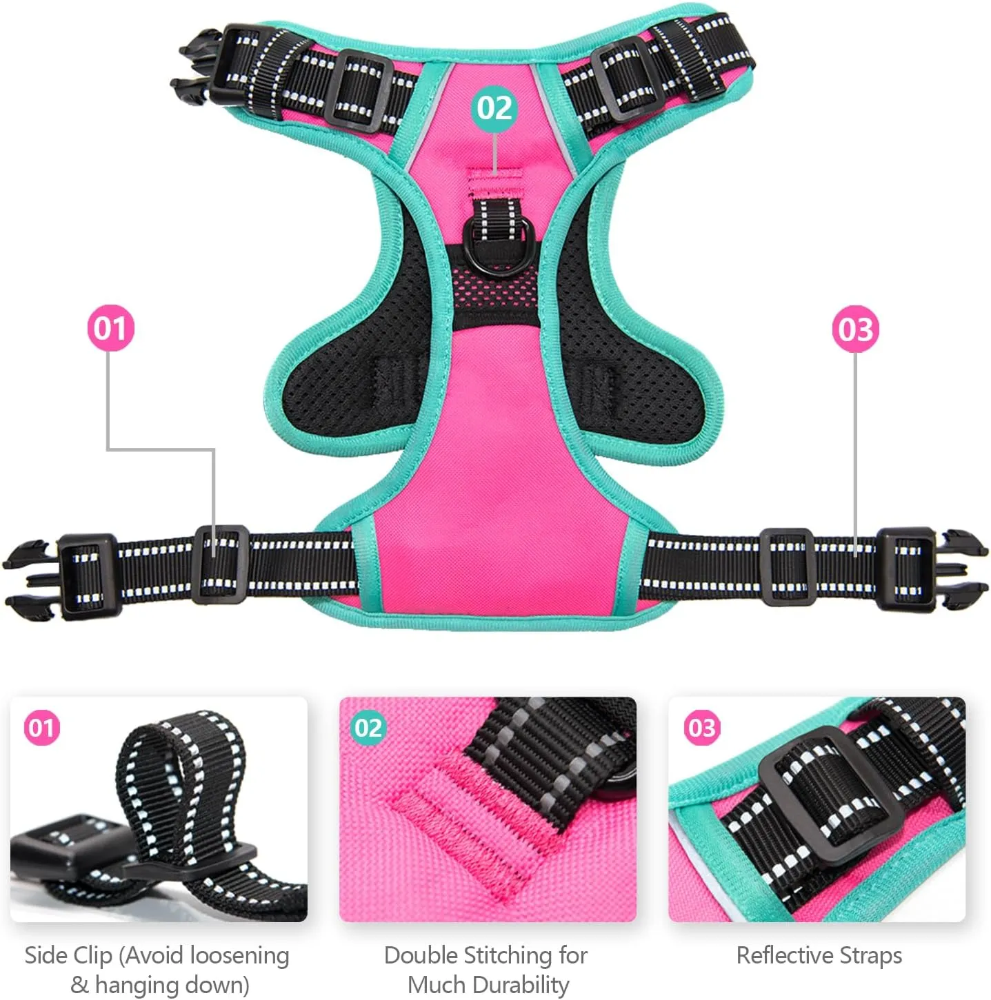 PHOEPET 2019 Upgraded No Pull Dog Harness, Reflective Adjustable Vest, with a Training Handle   2 Metal Leash Hooks  3 Snap Buckles  4 Slide Buckles(L, Pink)