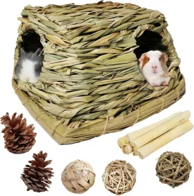PINVNBY Guinea Pig Grass House Bunny Hay Hideout Tunnel Small Pet Straw Hut with Chew Toys for Bunny Hamster Rat Chinchilla Hedgehog Gerbil (Ball at Random)