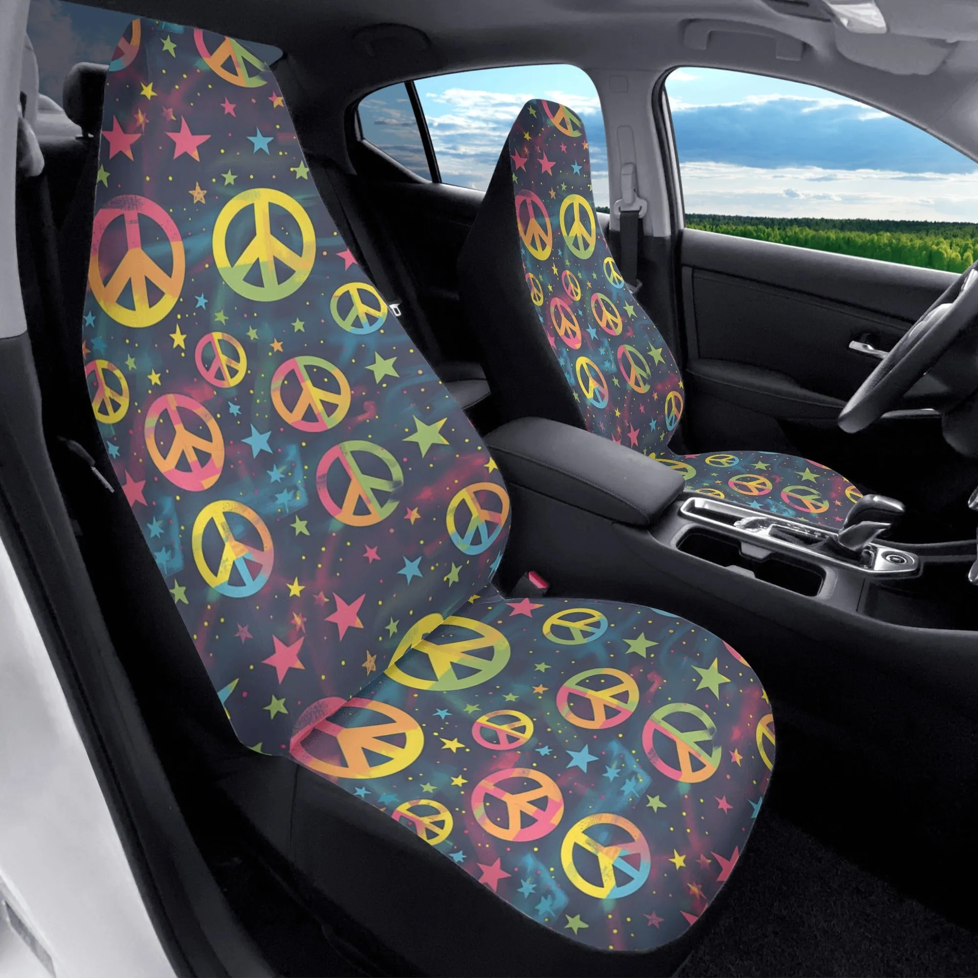 Rainbow Peace Sign Car Seat Covers (2 pcs), Hippie Love Pattern Auto Front Seat Dog Pet Vehicle SUV Universal Protector Accessory Men Women