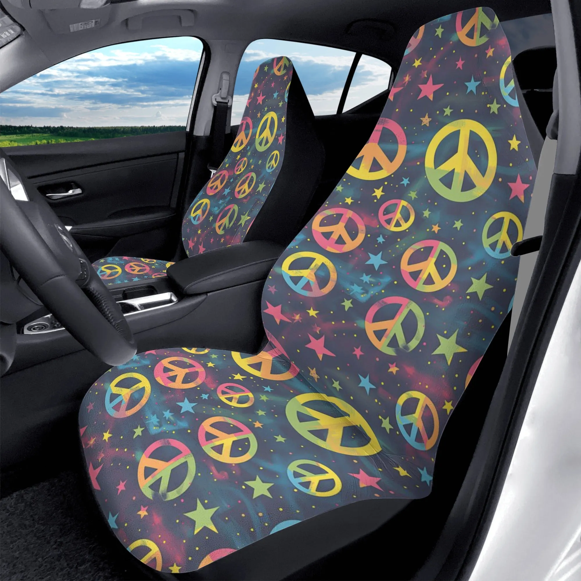 Rainbow Peace Sign Car Seat Covers (2 pcs), Hippie Love Pattern Auto Front Seat Dog Pet Vehicle SUV Universal Protector Accessory Men Women