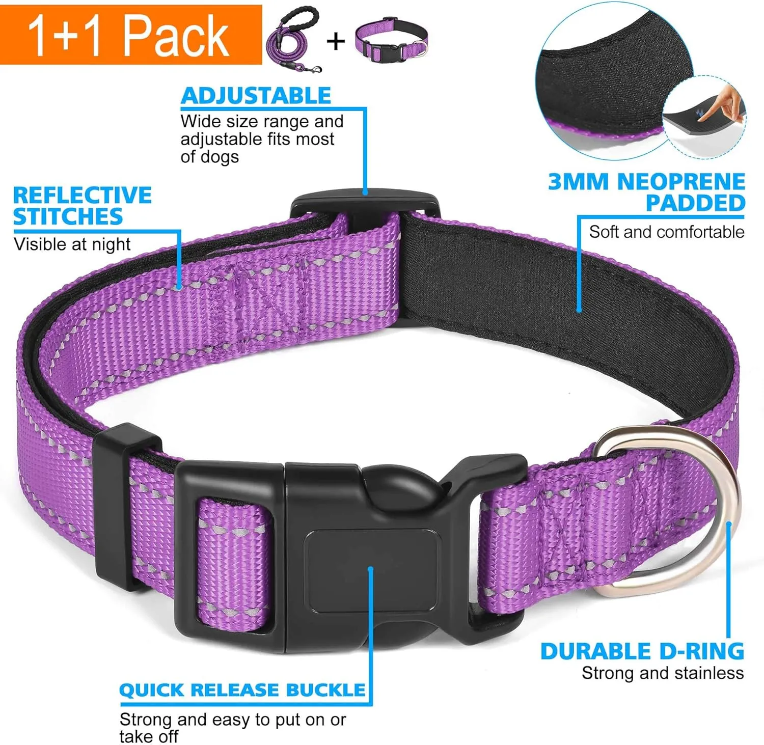 Reflective Dog Collar Padded with Soft Neoprene Breathable Adjustable Nylon Dog Collars for Small Medium Large Dogs (Small (Pack of 1), Purple Collar Leash)