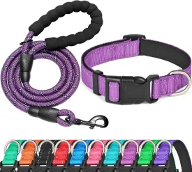 Reflective Dog Collar Padded with Soft Neoprene Breathable Adjustable Nylon Dog Collars for Small Medium Large Dogs (Small (Pack of 1), Purple Collar Leash)