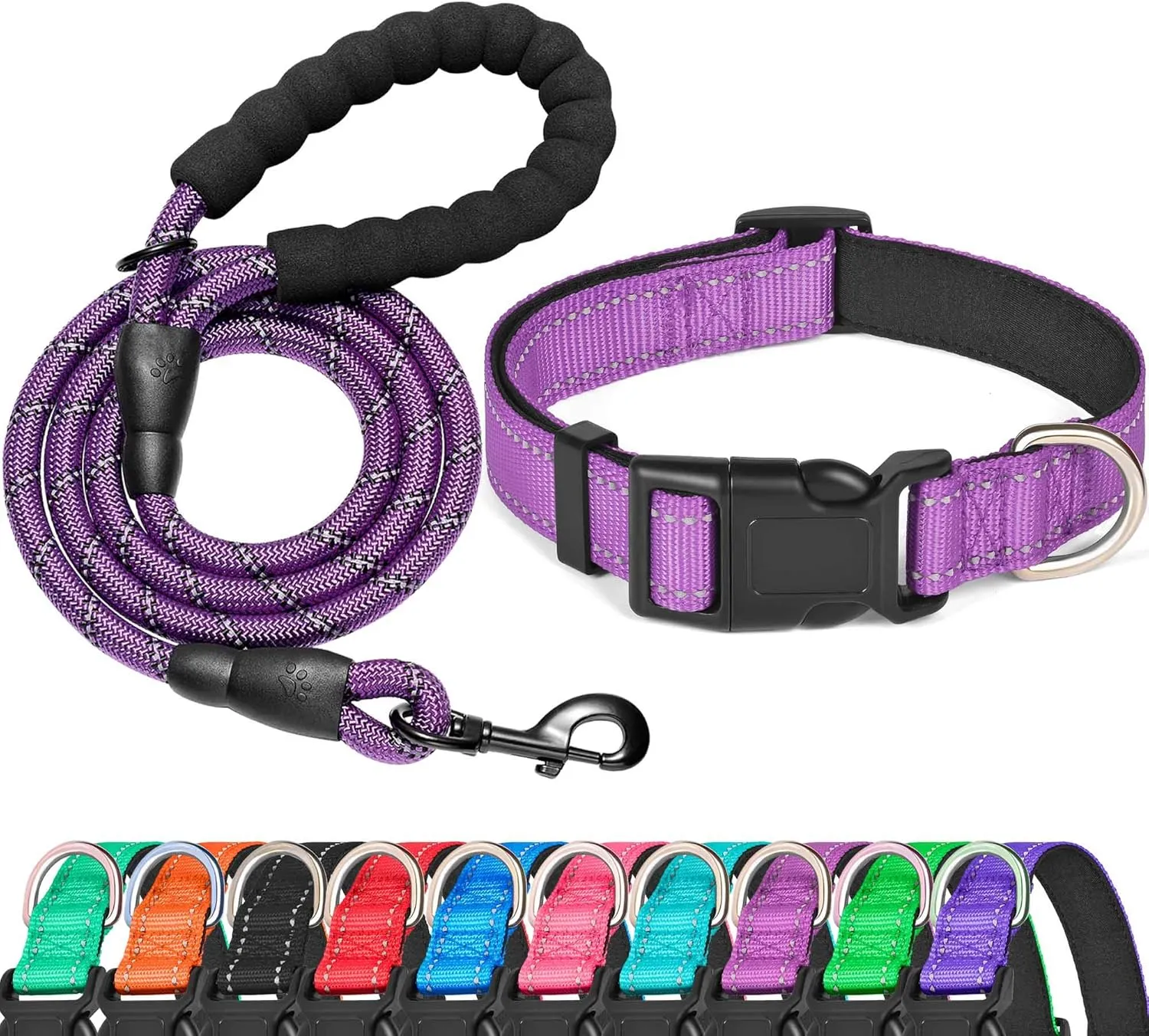 Reflective Dog Collar Padded with Soft Neoprene Breathable Adjustable Nylon Dog Collars for Small Medium Large Dogs (Small (Pack of 1), Purple Collar Leash)