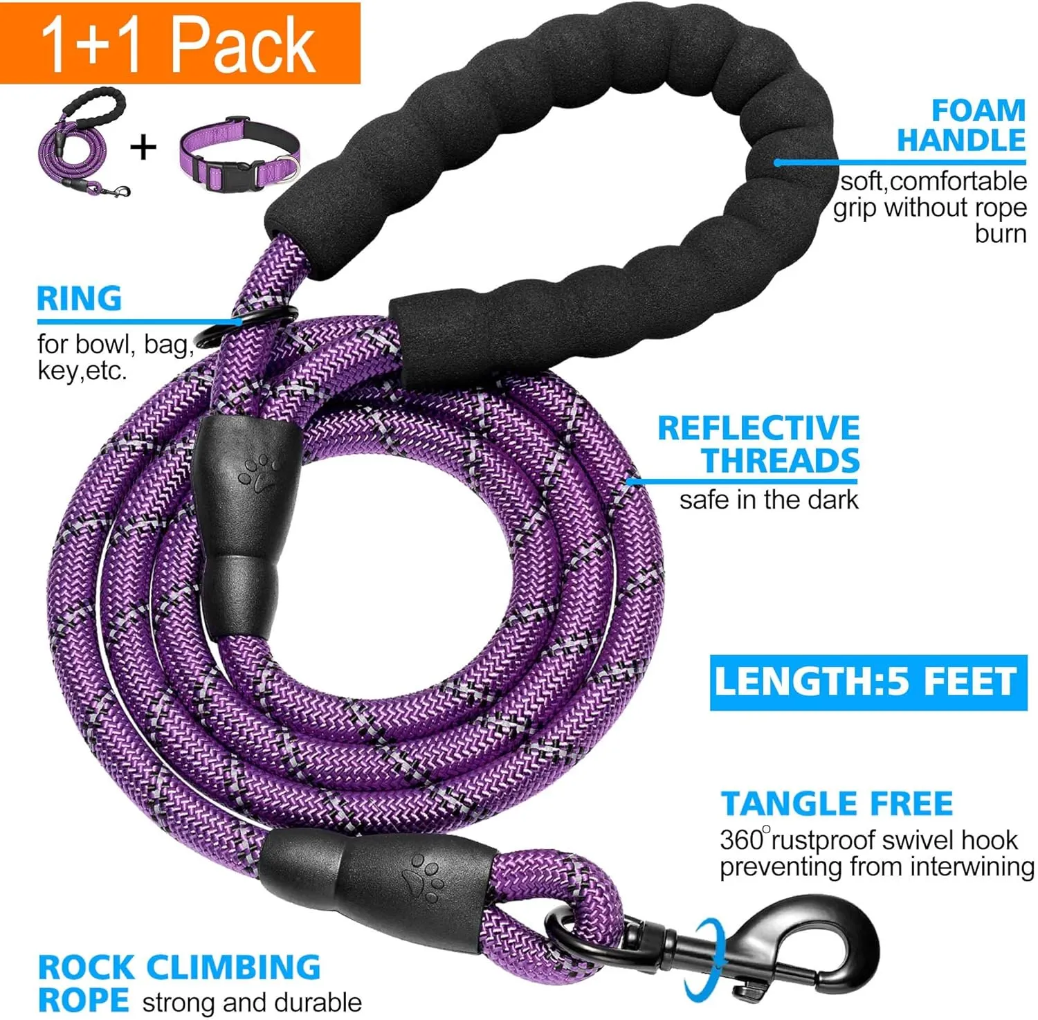 Reflective Dog Collar Padded with Soft Neoprene Breathable Adjustable Nylon Dog Collars for Small Medium Large Dogs (Small (Pack of 1), Purple Collar Leash)