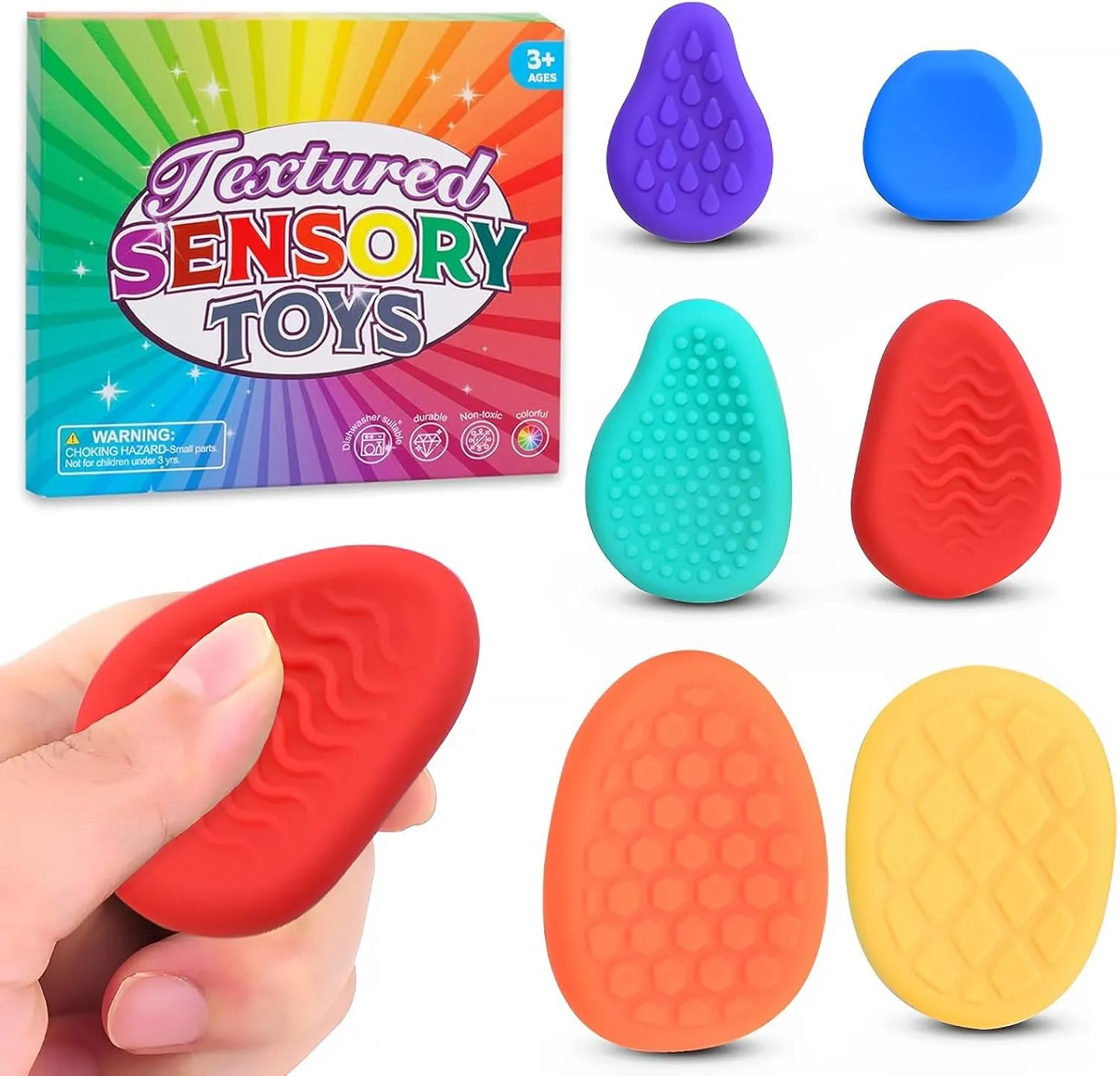 Sensory Fidget Toys for Kids Adults - 6 Pack Anxiety Finger Toy for Autism ADHD Calming, Toddler Sensory Textured Silicone Stone, Classroom Prizes Fidget Stress Toys for Students