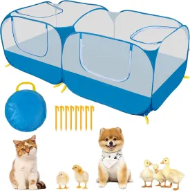 Small Animals Playpen with Detachable Bottom, Breathable Mesh Walls, Portable Indoor/Outdoor Pet Cage Tent for Rabbits, Puppies, Kittens, Chicks (Blue)