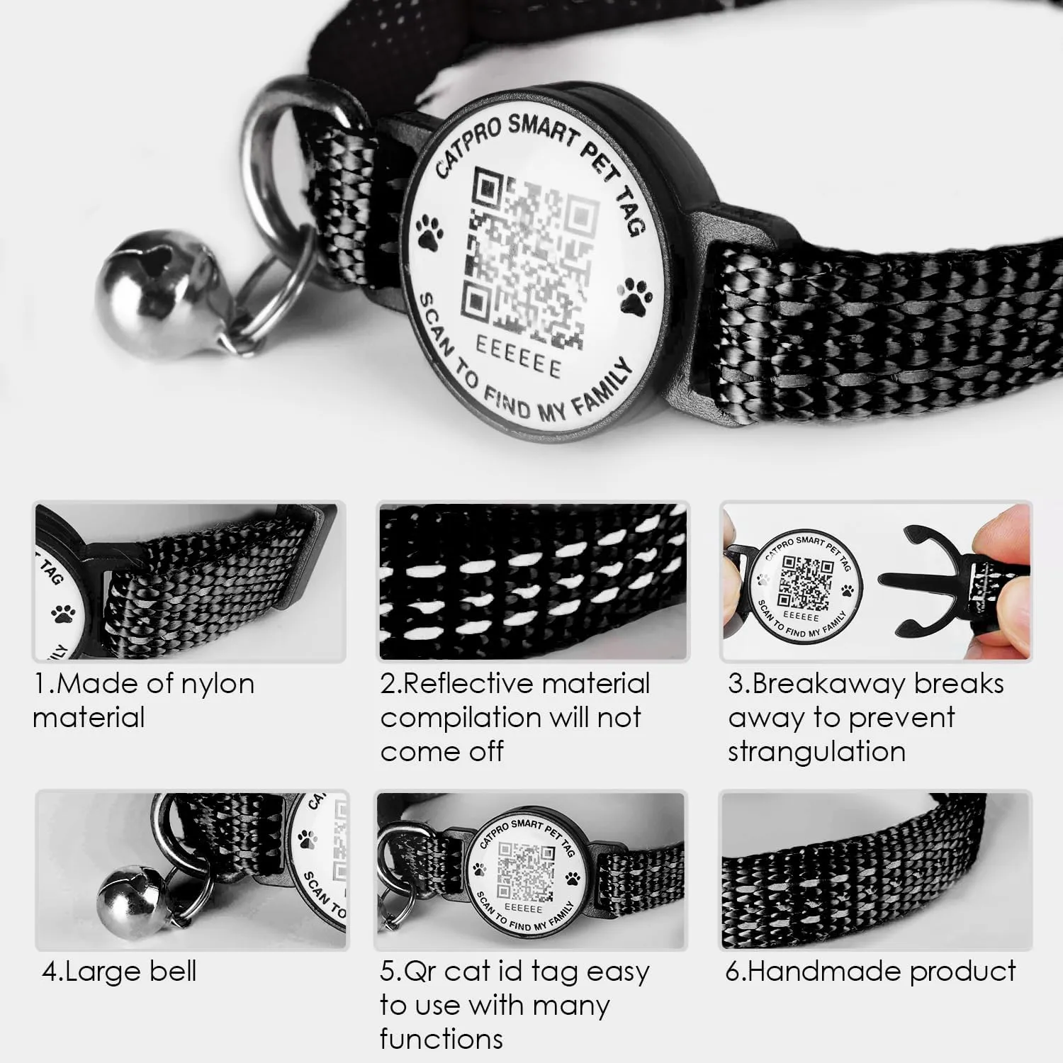 Smart QR Code Pet ID Personalized Tag Cat Collar, Reflective Nylon with Bell, Secure Breakaway, Comfortable, Durable - Suitable for Kittens-Black-S
