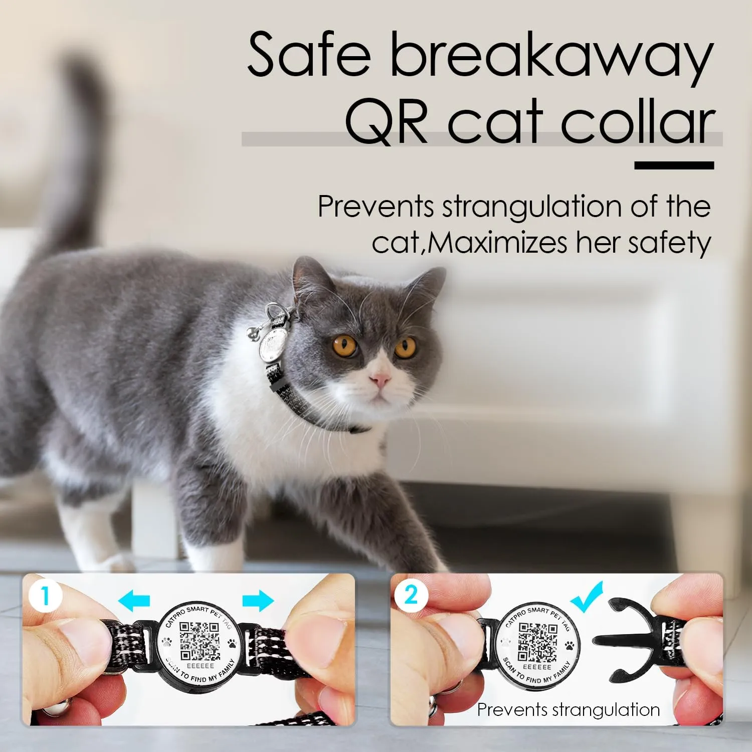 Smart QR Code Pet ID Personalized Tag Cat Collar, Reflective Nylon with Bell, Secure Breakaway, Comfortable, Durable - Suitable for Kittens-Black-S