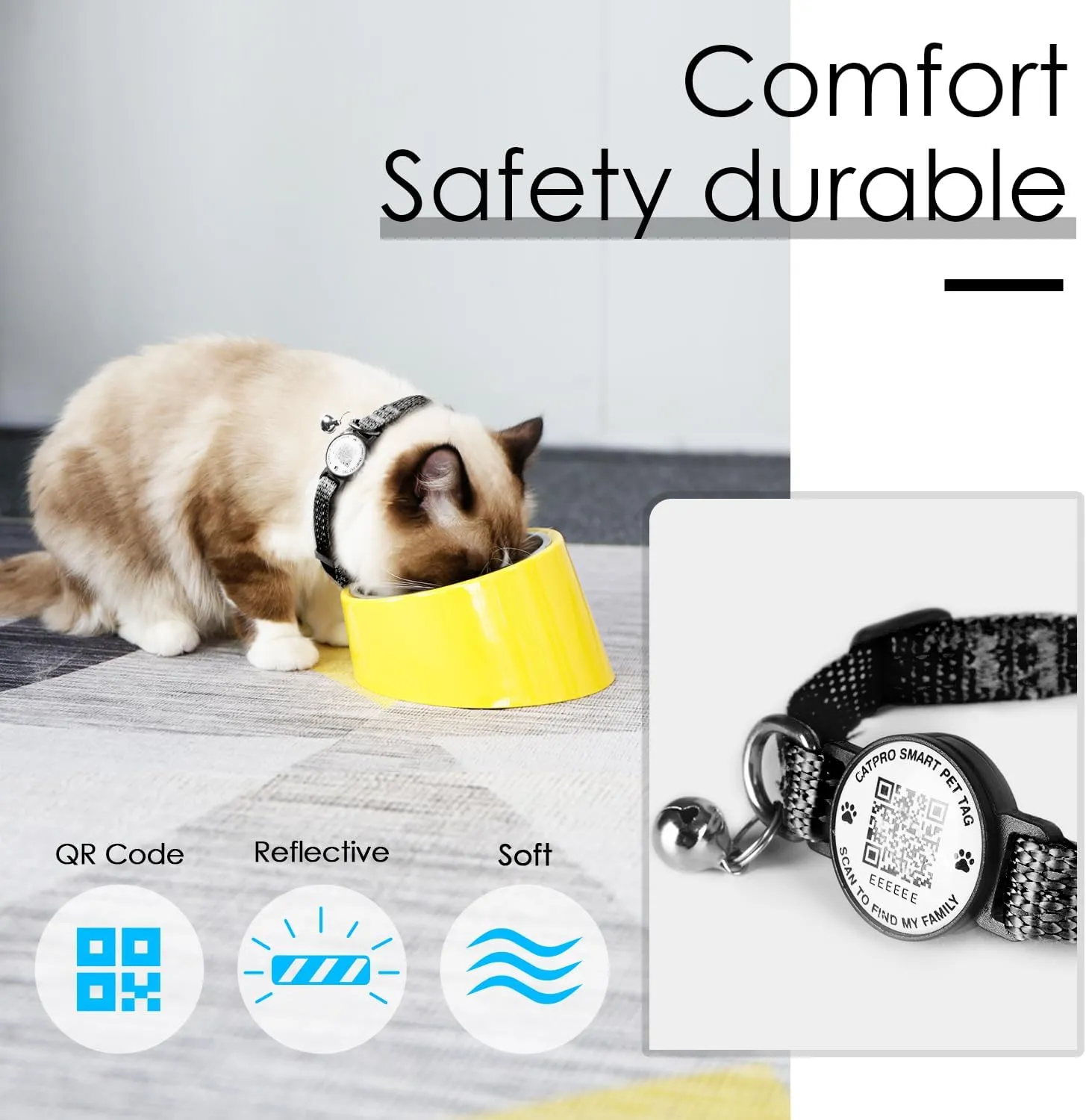 Smart QR Code Pet ID Personalized Tag Cat Collar, Reflective Nylon with Bell, Secure Breakaway, Comfortable, Durable - Suitable for Kittens-Black-S