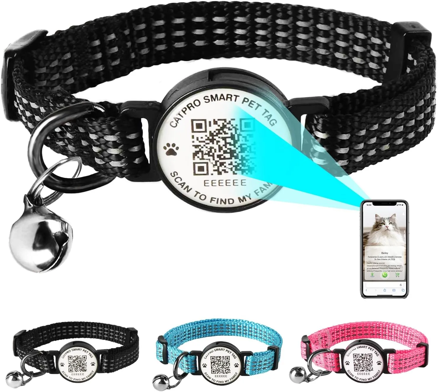 Smart QR Code Pet ID Personalized Tag Cat Collar, Reflective Nylon with Bell, Secure Breakaway, Comfortable, Durable - Suitable for Kittens-Black-S