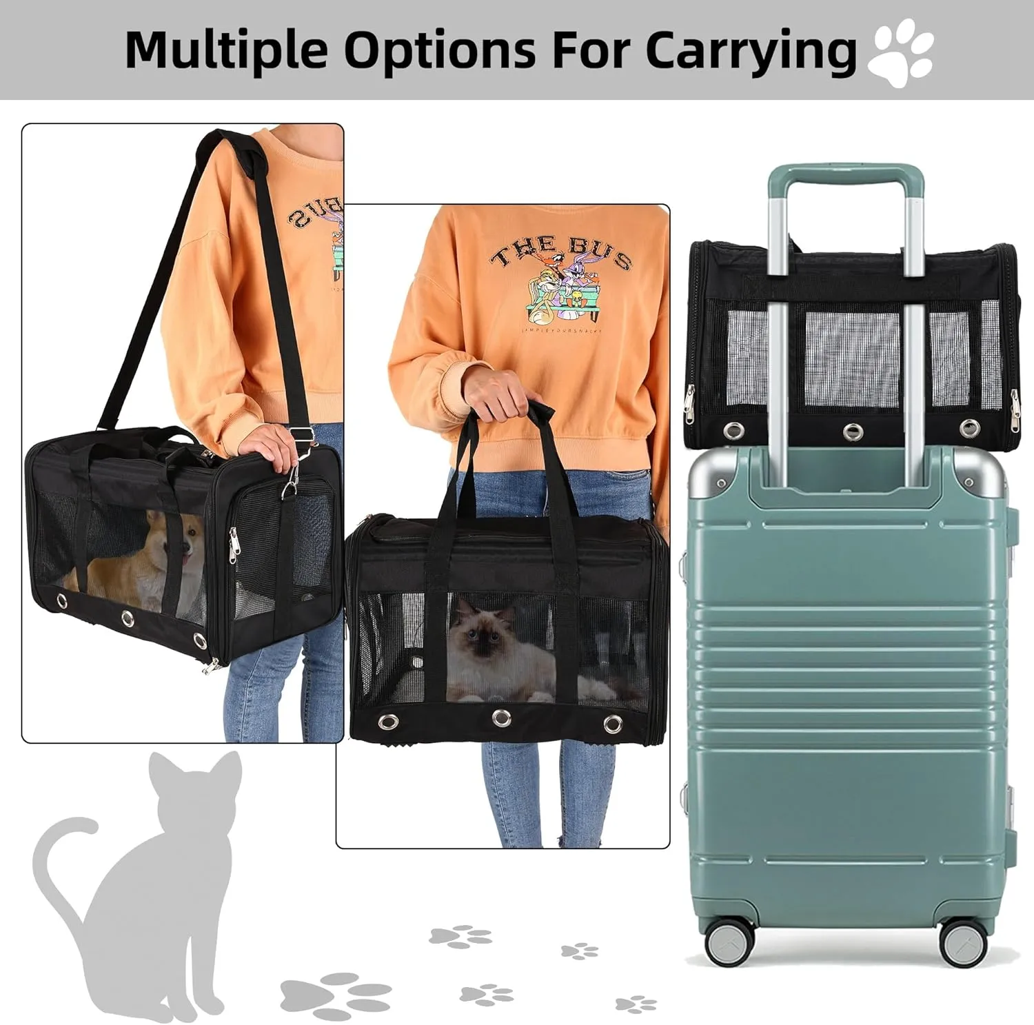 Soft Sided Cat/Dog CarrierCollapsible Mesh Pets Travel Carriers for Pet/Puppy with Shoulder Strap & Removable MatTop Load Small Dogs/Cats Carry Bag Up to 25 LbsBlack - L