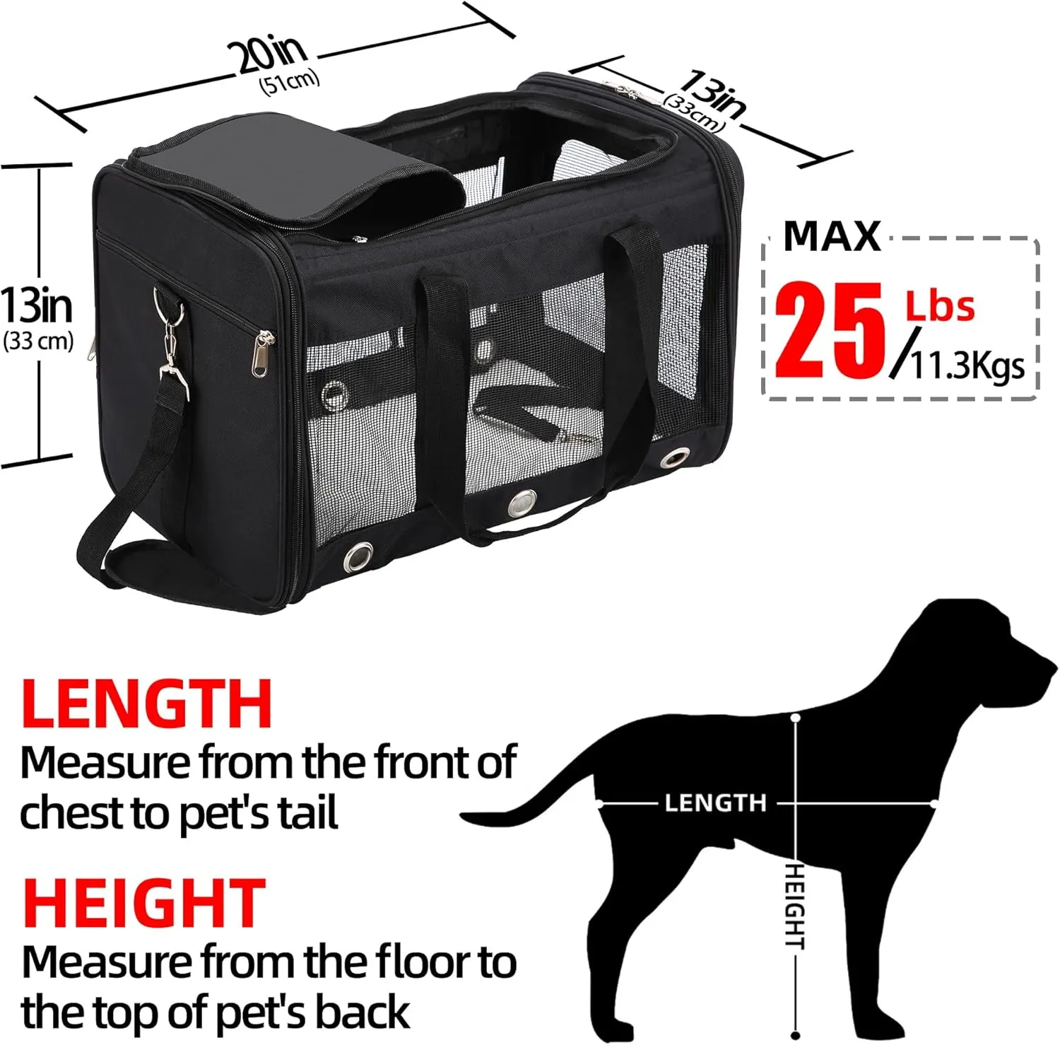Soft Sided Cat/Dog CarrierCollapsible Mesh Pets Travel Carriers for Pet/Puppy with Shoulder Strap & Removable MatTop Load Small Dogs/Cats Carry Bag Up to 25 LbsBlack - L