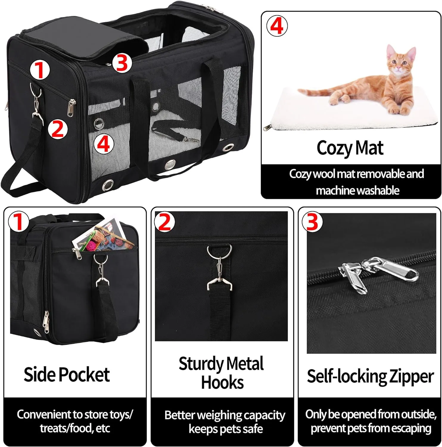 Soft Sided Cat/Dog CarrierCollapsible Mesh Pets Travel Carriers for Pet/Puppy with Shoulder Strap & Removable MatTop Load Small Dogs/Cats Carry Bag Up to 25 LbsBlack - L