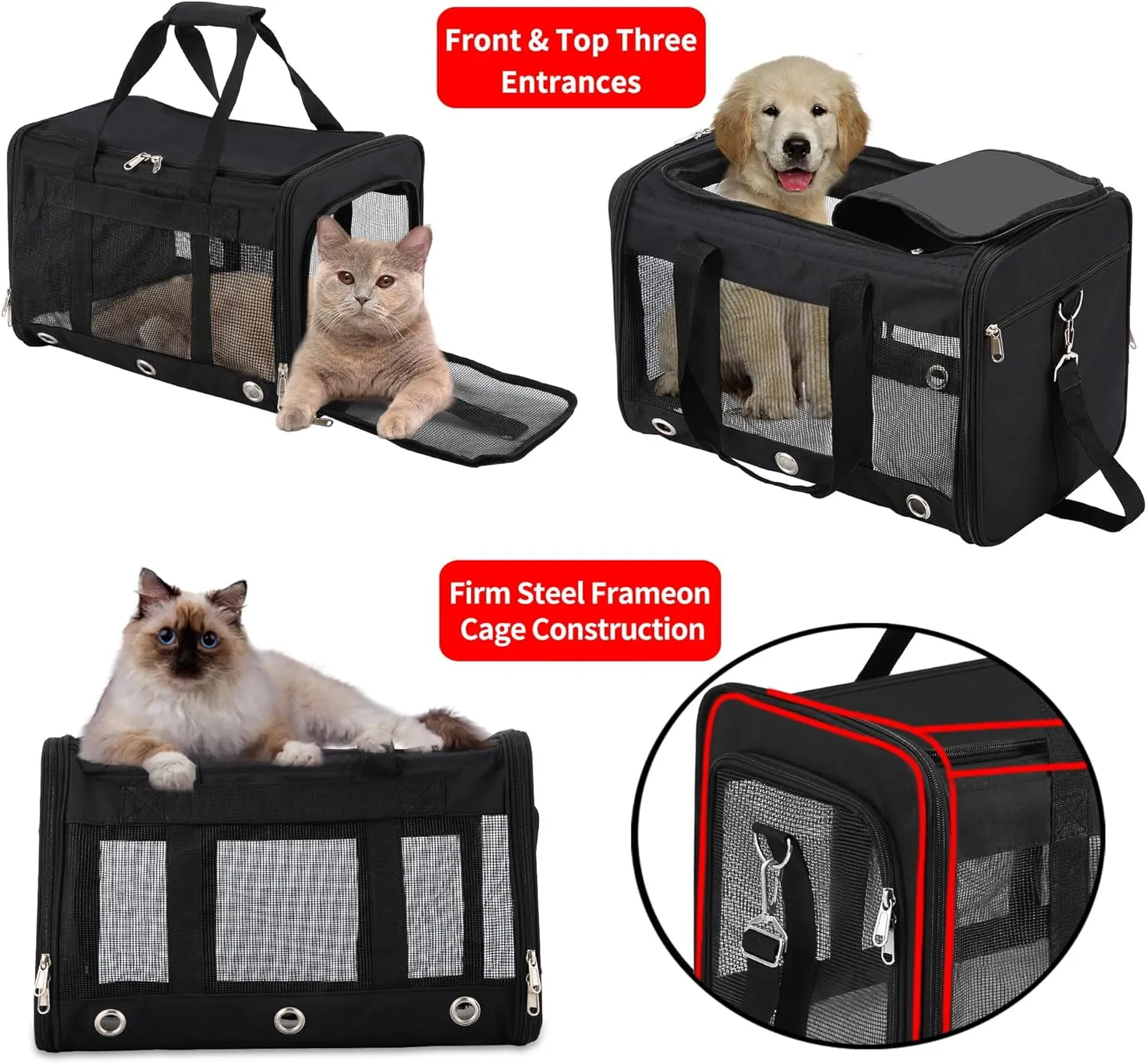 Soft Sided Cat/Dog CarrierCollapsible Mesh Pets Travel Carriers for Pet/Puppy with Shoulder Strap & Removable MatTop Load Small Dogs/Cats Carry Bag Up to 25 LbsBlack - L