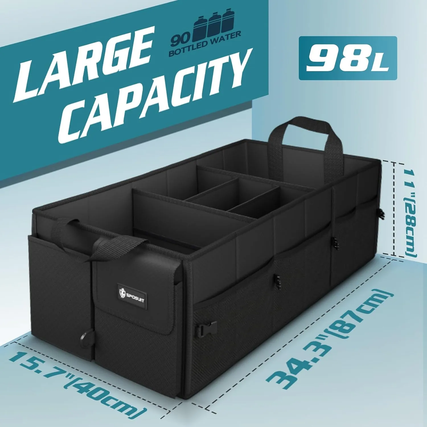 Sposuit Extra Large Trunk Organizer 98L Collapsible Car Storage Trunk Organizer with Removable Dividers & Adjustable Securing Straps for Car SUV Van