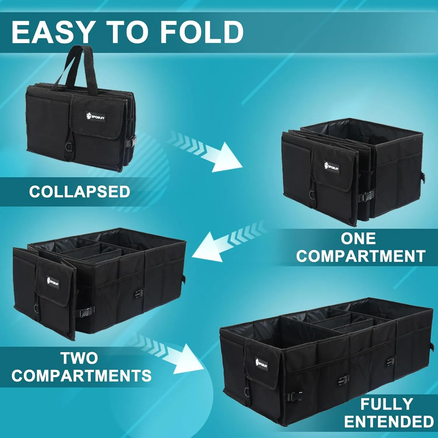 Sposuit Extra Large Trunk Organizer 98L Collapsible Car Storage Trunk Organizer with Removable Dividers & Adjustable Securing Straps for Car SUV Van
