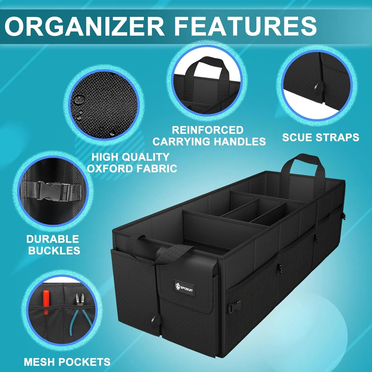 Sposuit Extra Large Trunk Organizer 98L Collapsible Car Storage Trunk Organizer with Removable Dividers & Adjustable Securing Straps for Car SUV Van