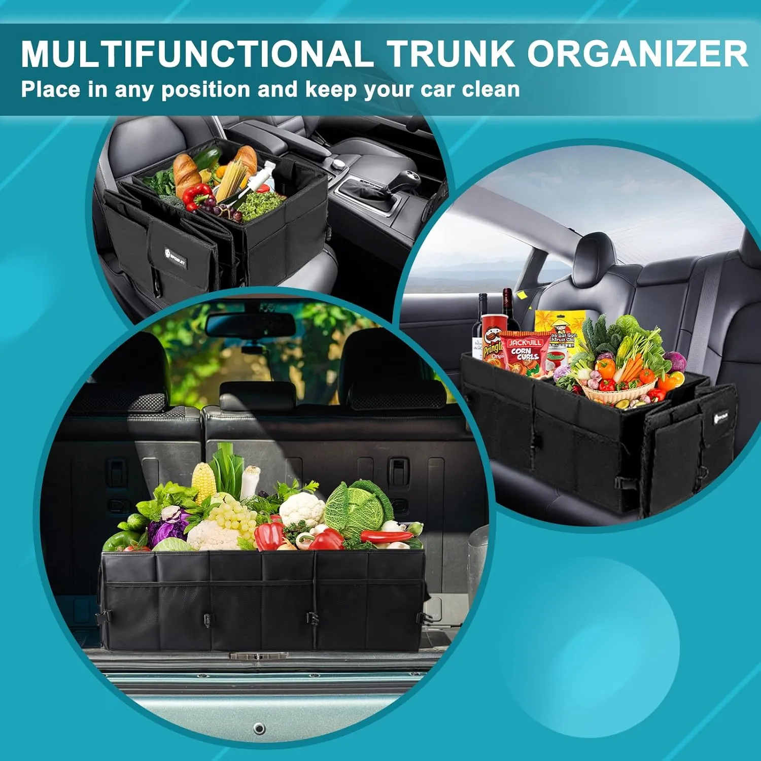 Sposuit Extra Large Trunk Organizer 98L Collapsible Car Storage Trunk Organizer with Removable Dividers & Adjustable Securing Straps for Car SUV Van