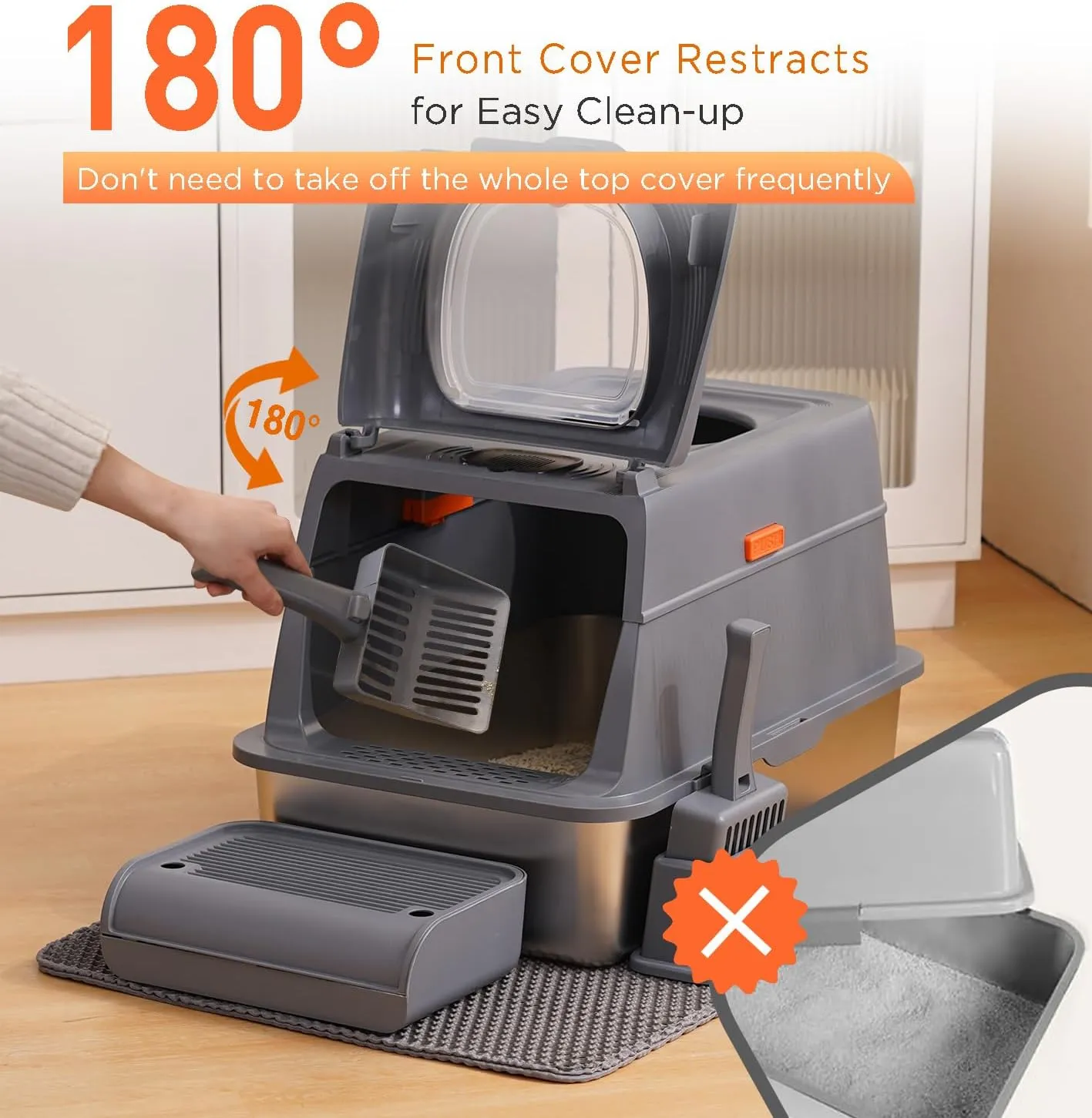 Stainless Steel Cat Litter Box with Lid, Front Entry Top Exit Metal Litter Box XL with Cover, Extra Enclosed Litter Boxes with Litter Scoop & Litter Mat, Non-Sticky, Non-Odor, Dark Grey