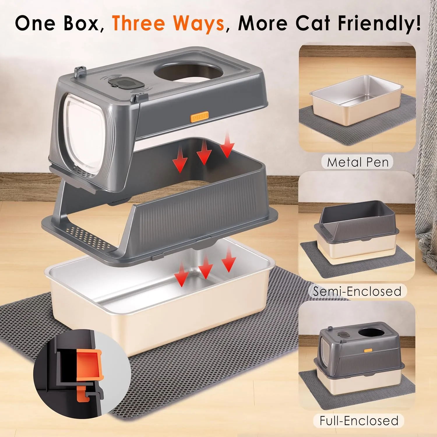 Stainless Steel Cat Litter Box with Lid, Front Entry Top Exit Metal Litter Box XL with Cover, Extra Enclosed Litter Boxes with Litter Scoop & Litter Mat, Non-Sticky, Non-Odor, Dark Grey