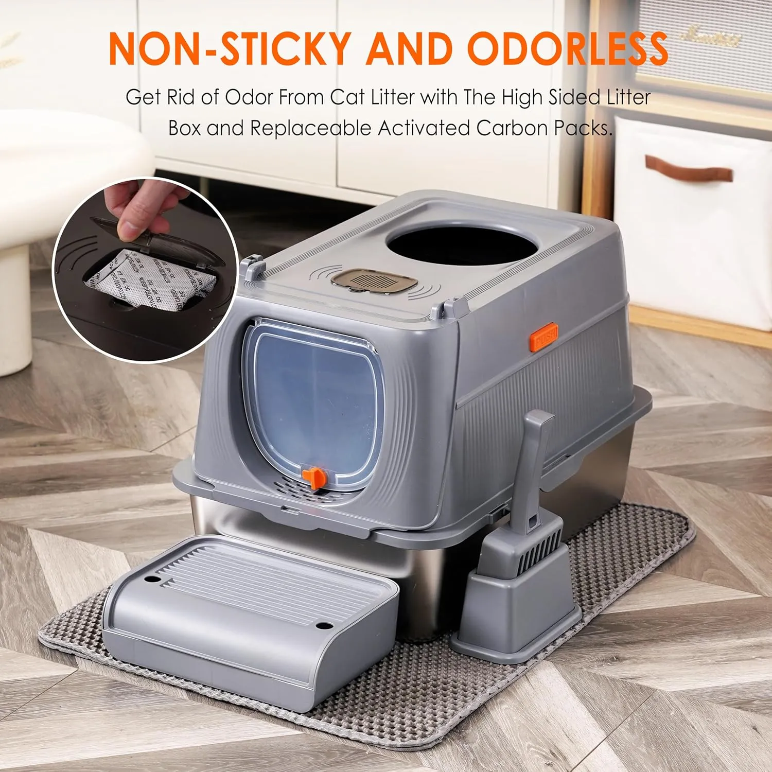 Stainless Steel Cat Litter Box with Lid, Front Entry Top Exit Metal Litter Box XL with Cover, Extra Enclosed Litter Boxes with Litter Scoop & Litter Mat, Non-Sticky, Non-Odor, Dark Grey