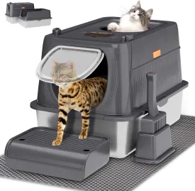 Stainless Steel Cat Litter Box with Lid, Front Entry Top Exit Metal Litter Box XL with Cover, Extra Enclosed Litter Boxes with Litter Scoop & Litter Mat, Non-Sticky, Non-Odor, Dark Grey