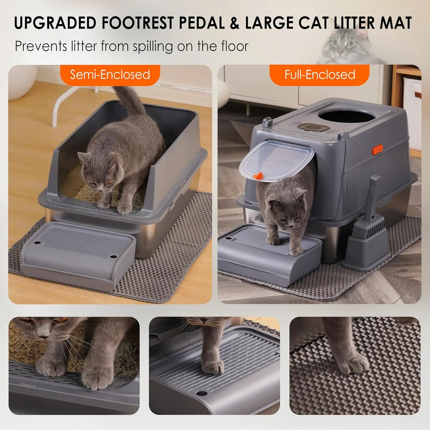 Stainless Steel Cat Litter Box with Lid, Front Entry Top Exit Metal Litter Box XL with Cover, Extra Enclosed Litter Boxes with Litter Scoop & Litter Mat, Non-Sticky, Non-Odor, Dark Grey
