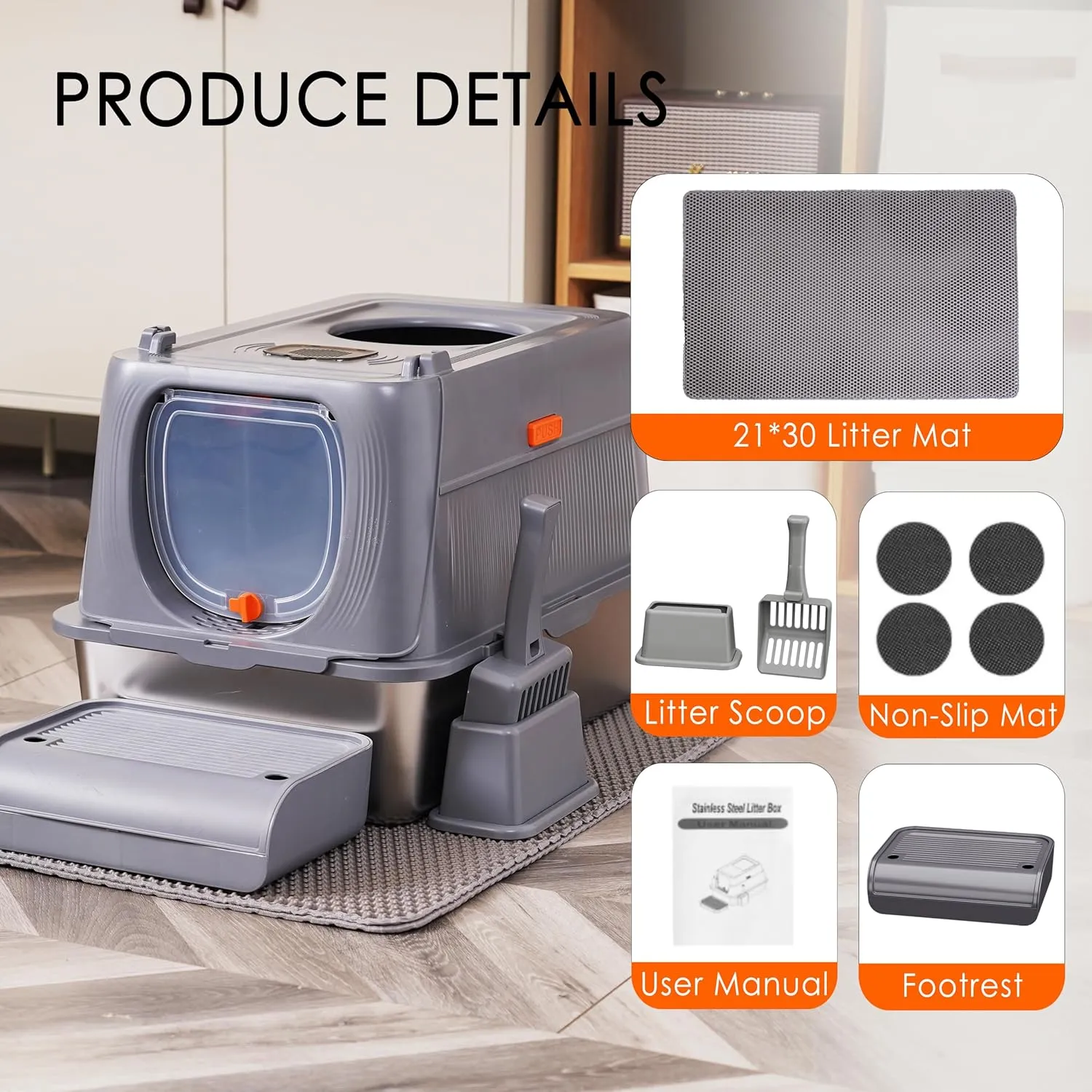 Stainless Steel Cat Litter Box with Lid, Front Entry Top Exit Metal Litter Box XL with Cover, Extra Enclosed Litter Boxes with Litter Scoop & Litter Mat, Non-Sticky, Non-Odor, Dark Grey