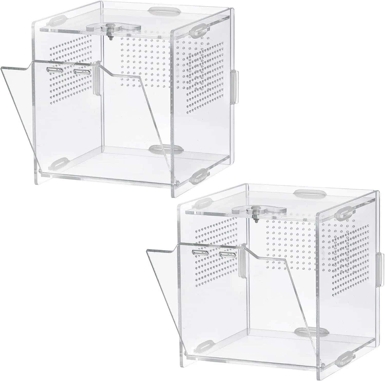 VERTUPET 2 Pack Jumping Spider Enclosure, 4''x4''x4'' Acrylic Arboreal Reptile Tank, 0.03 Ventilation Hole Habitat Transparent Enclosure Breeding Box with Locking Latch for Frog, Crickets, Snails