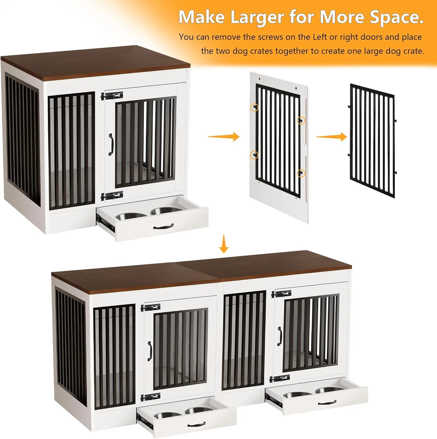 White Heavy Duty Furniture Dog Crate, Wood and Metal Cage Kennel, Double Doors End Table with Drawer and Pull-Out Trays, Dog Home for Indoor use, Medium Size