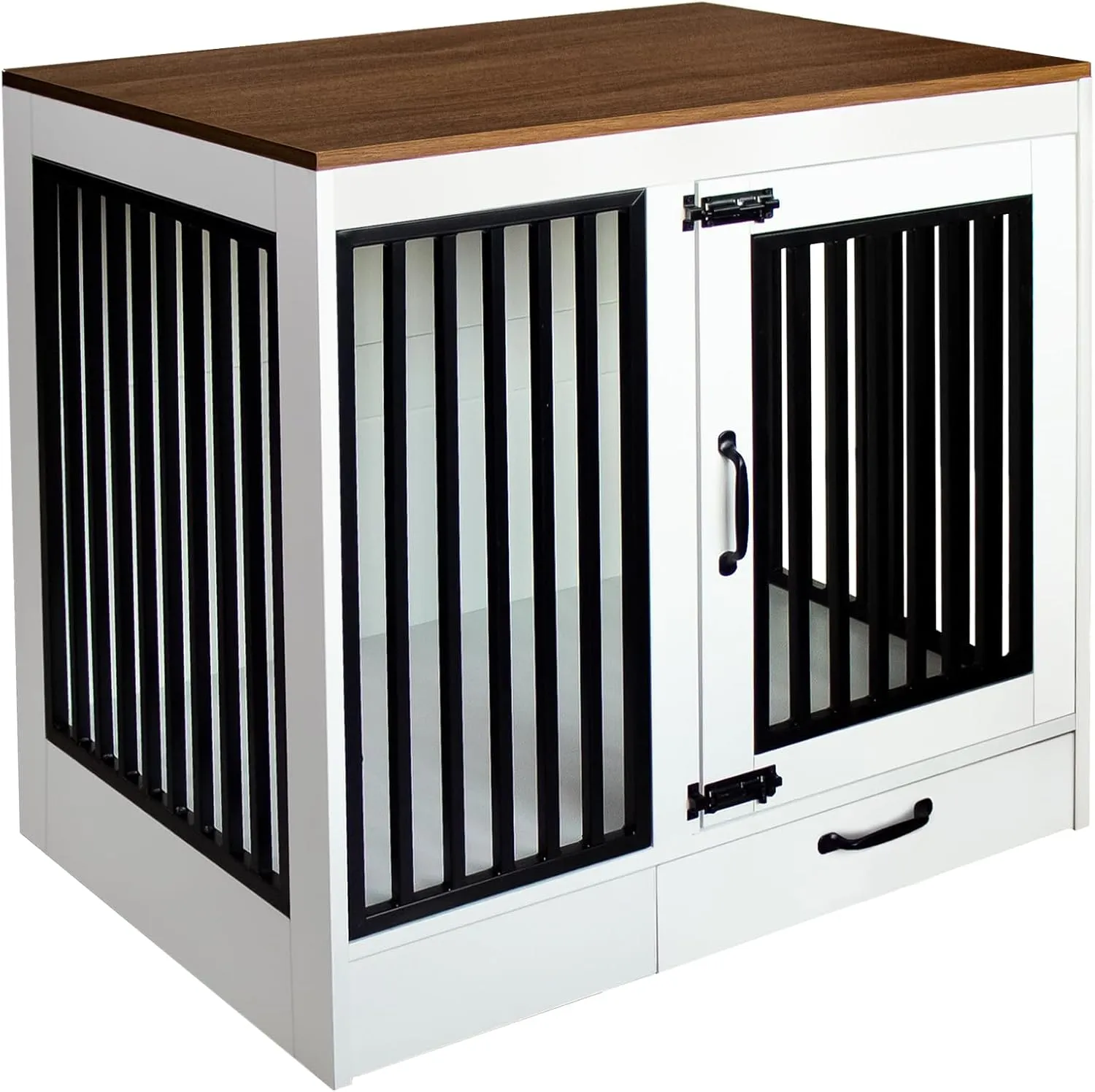 White Heavy Duty Furniture Dog Crate, Wood and Metal Cage Kennel, Double Doors End Table with Drawer and Pull-Out Trays, Dog Home for Indoor use, Medium Size