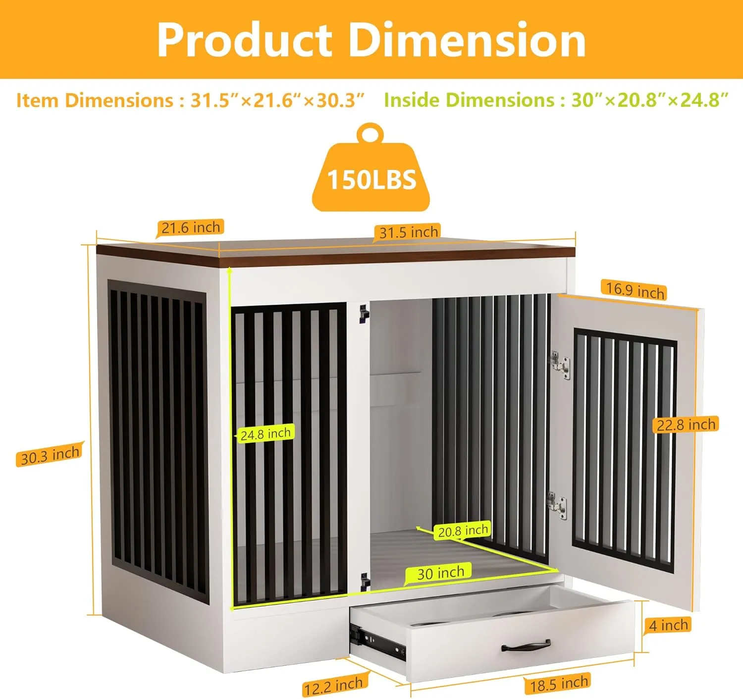 White Heavy Duty Furniture Dog Crate, Wood and Metal Cage Kennel, Double Doors End Table with Drawer and Pull-Out Trays, Dog Home for Indoor use, Medium Size