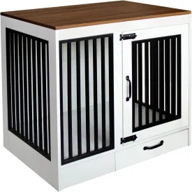 White Heavy Duty Furniture Dog Crate, Wood and Metal Cage Kennel, Double Doors End Table with Drawer and Pull-Out Trays, Dog Home for Indoor use, Medium Size