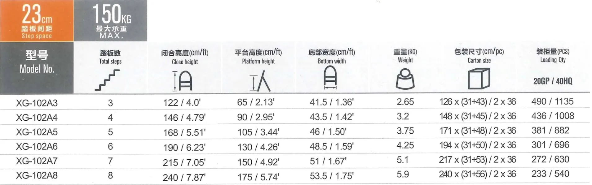XG Aluminium Household Family Ladder, Sizes : 3 steps - 8 steps  | Model : L-XG102A