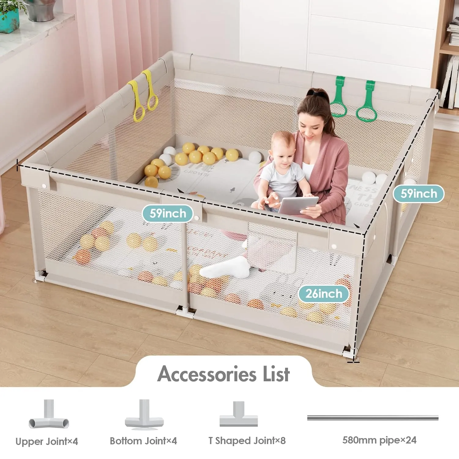 ZEEBABA Baby Playpen with Mat, 59x59 in Playpen for Babies and Toddlers, Play Pen for Kids, Play Yard for Infants with Gate